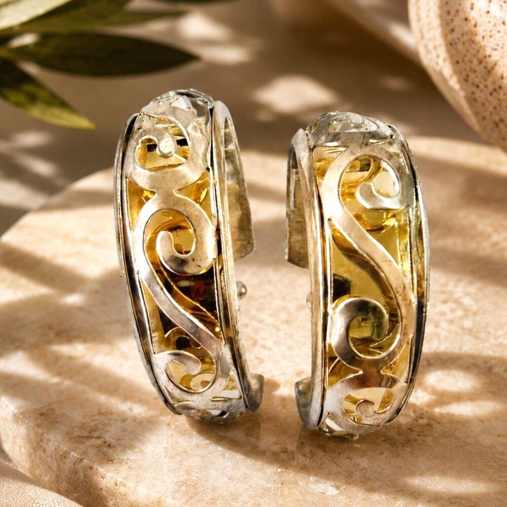 Vintage Wide Ornate Hoop Earrings Gold White Tone Scroll Filigree Statement 1980
